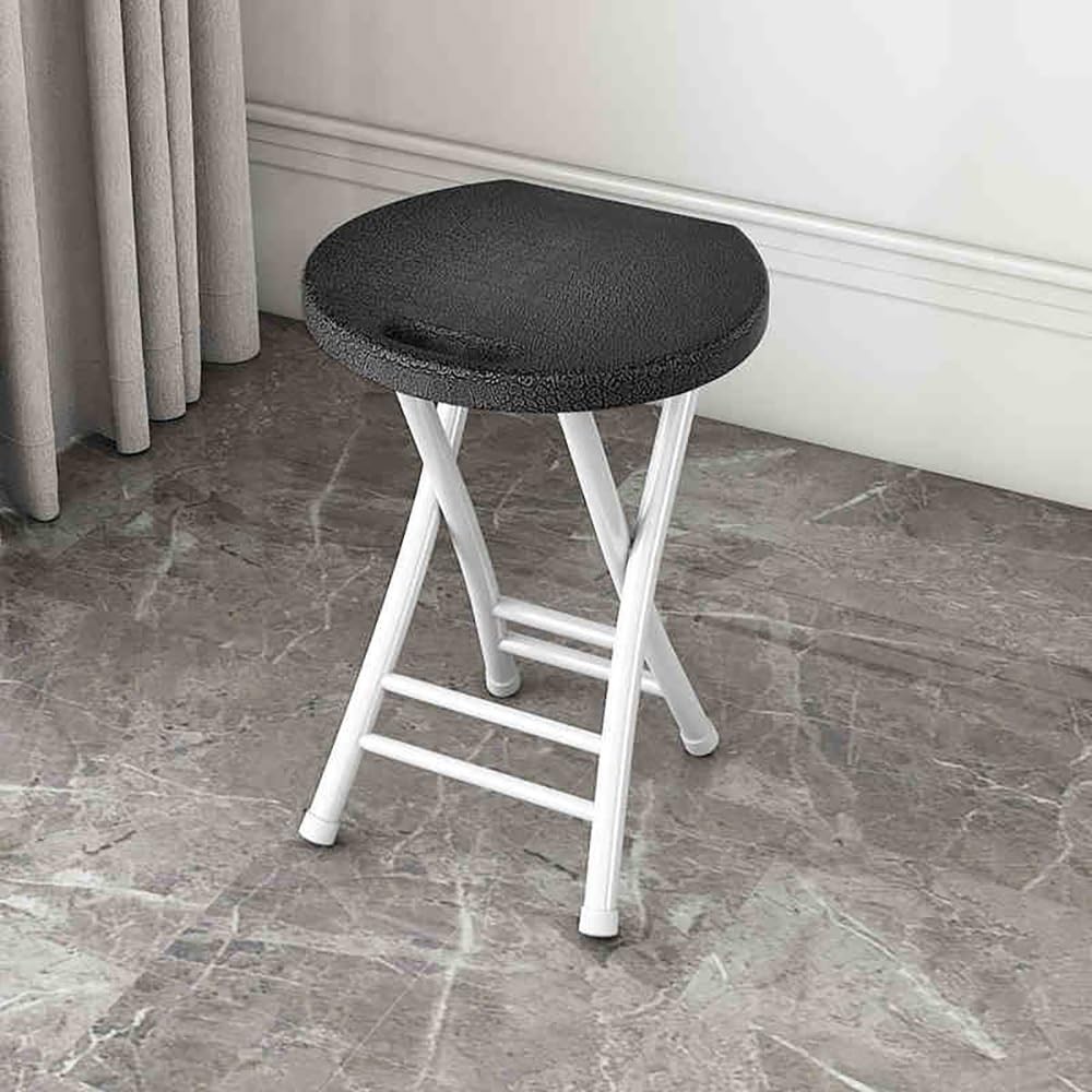 Folding Stool, 18in Portable Collapsible Bar Stool with Handle, Foldable Lightweight Camping Chair Stool for Outdoor Indoor Kitchen Bar, Assembly Free(Black,White Frame) O42072