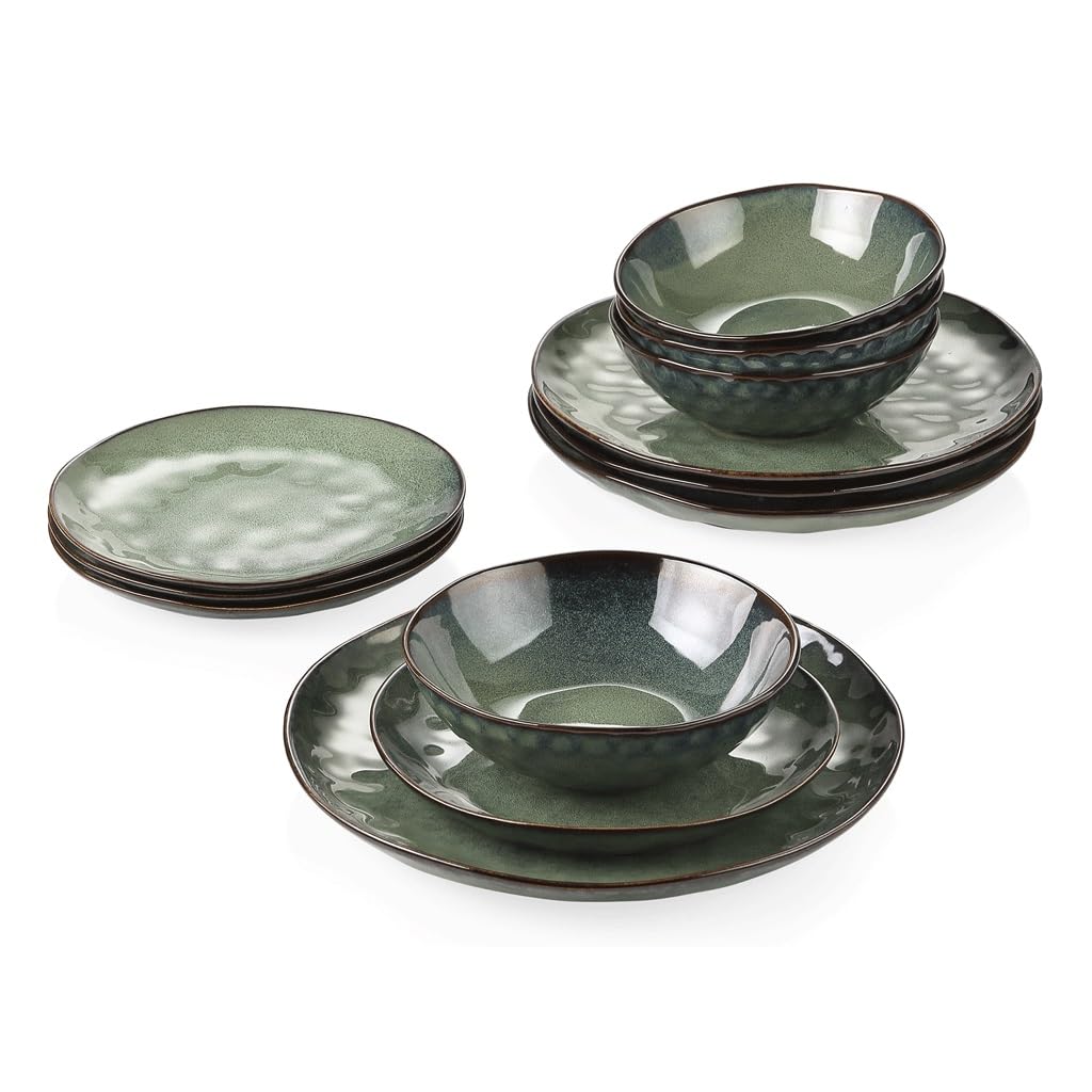 12-Piece Green Ceramic Stoneware Dinner Set X704