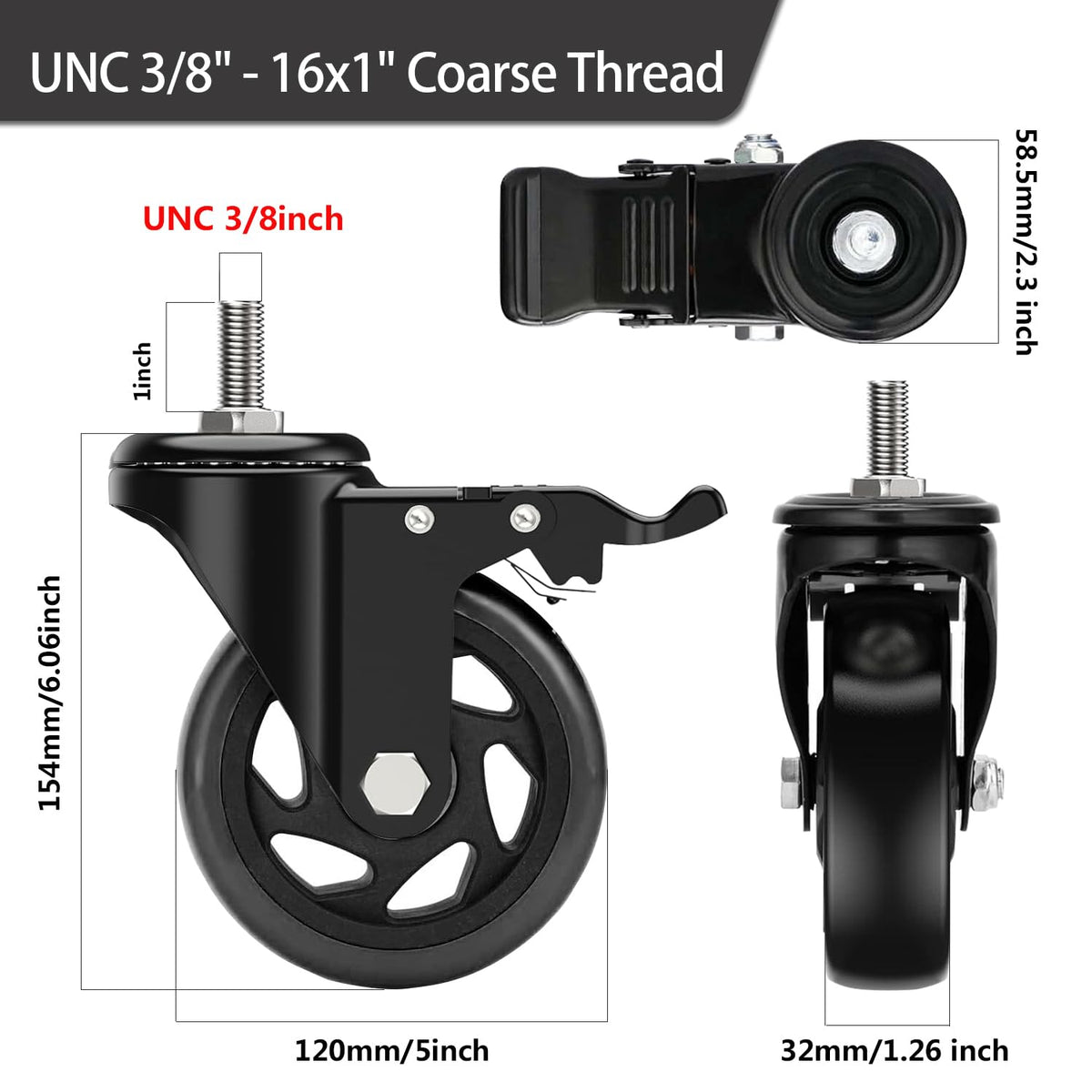 5 Inch Swivel Threaded Stem Casters Set of 4 Heavy Duty 2400lbs Black N73144