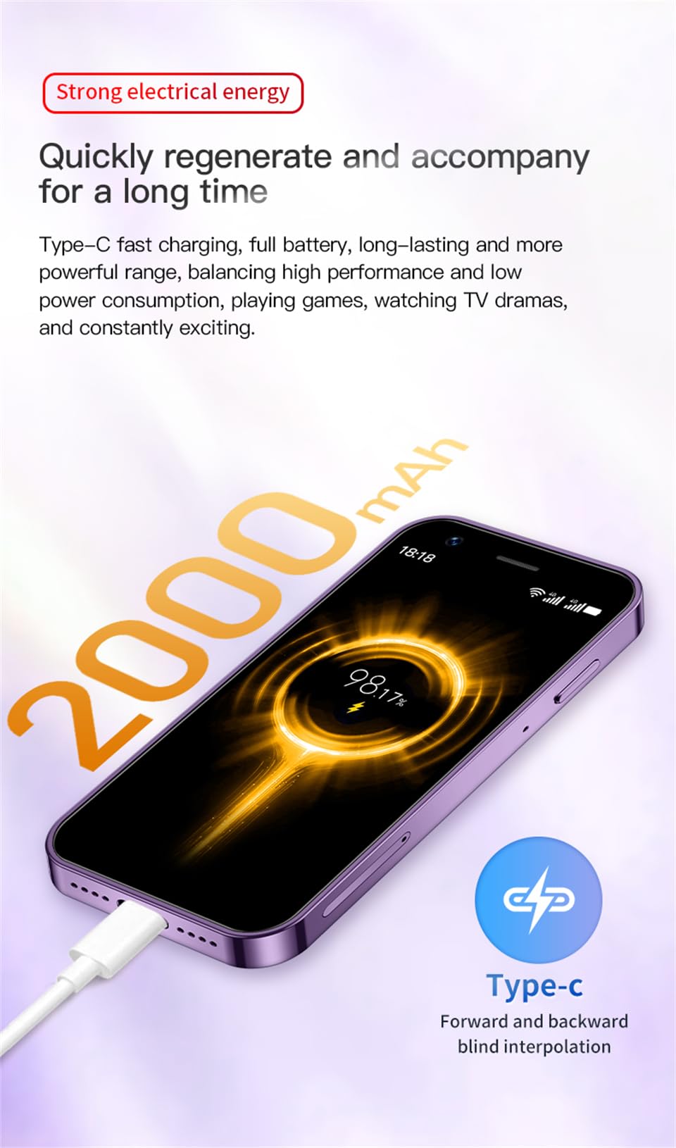 3.0 inch Mini Smartphone 4G LTE Android 10 Quad Core 2000mAh Type-C Dual SIM Purple 3GB RAM 64GB ROM A83814