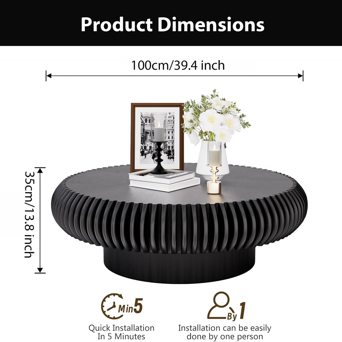 Black Round Fluted Drum Coffee Table V5323