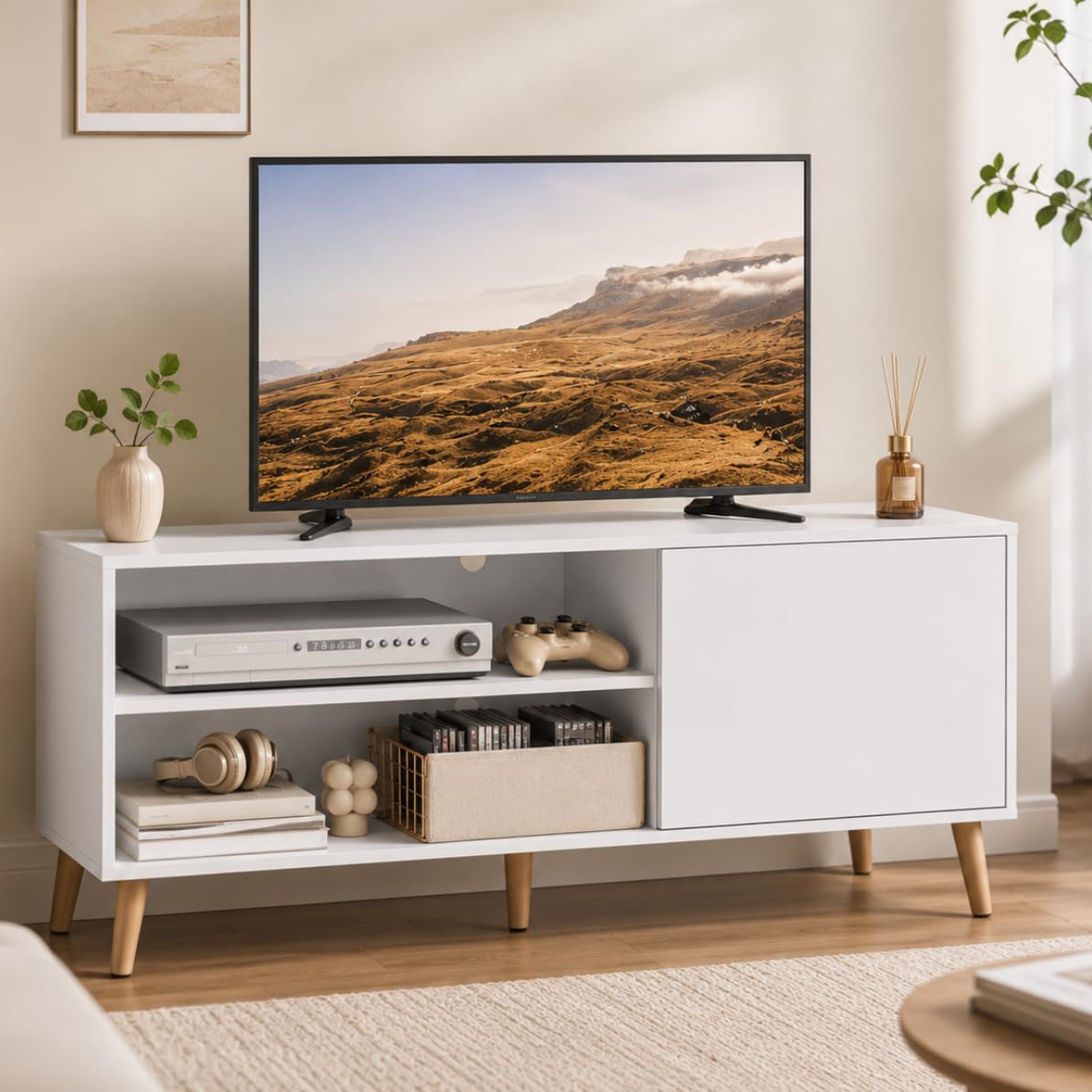 White TV Stand with Storage Cabinet J998