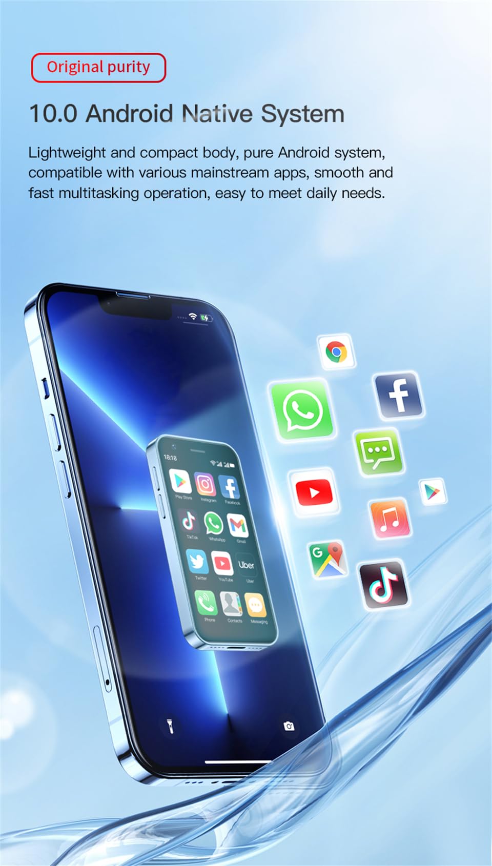 3.0 inch Mini Smartphone 4G LTE Android 10 Quad Core 2000mAh Type-C Dual SIM Purple 3GB RAM 64GB ROM A83814