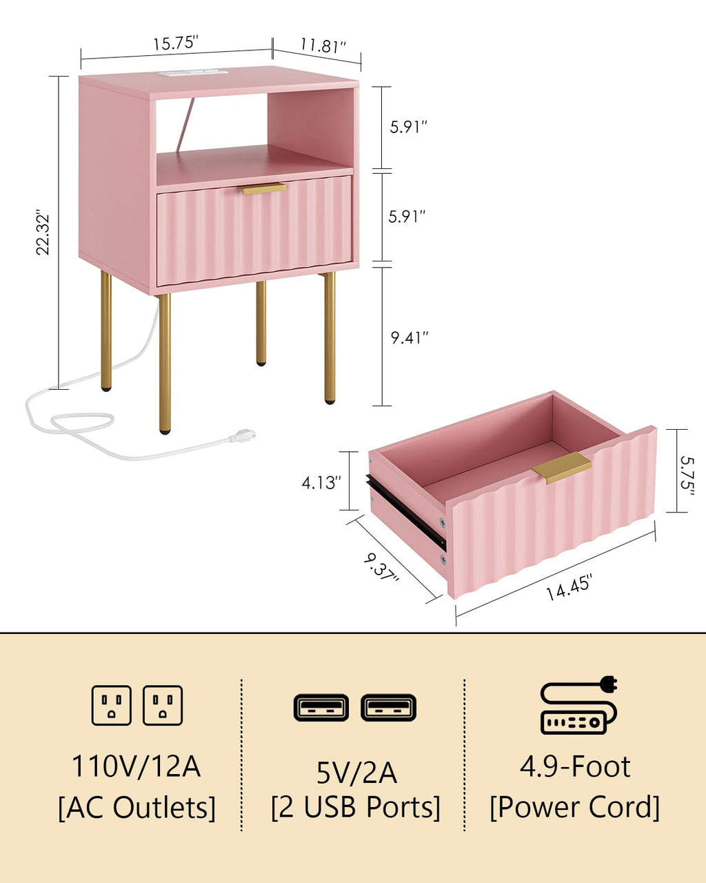 Pink Fluted Nightstand with Charging Station J964