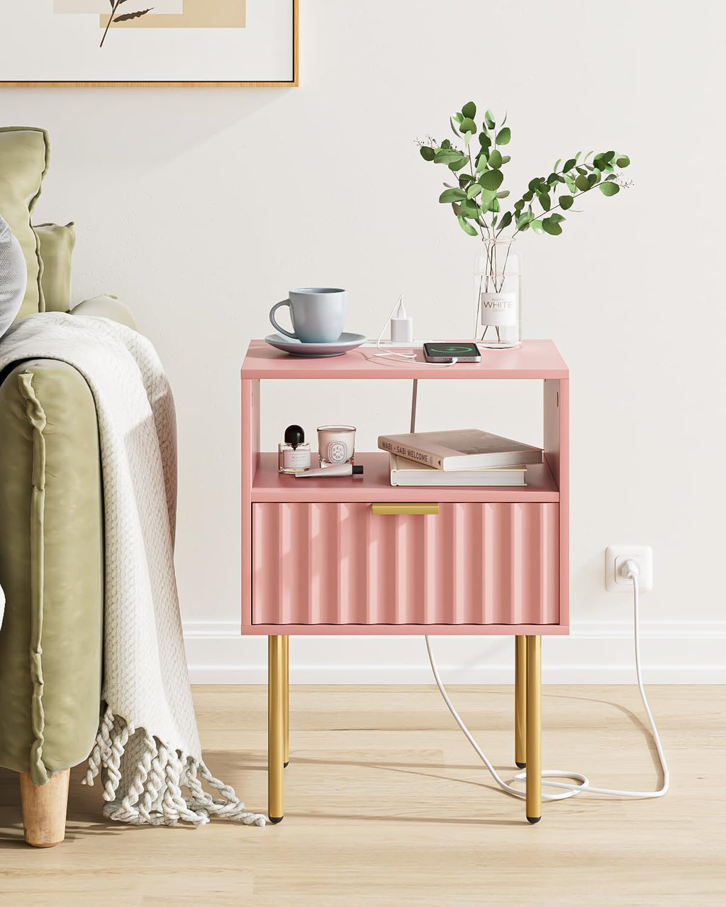 Pink Fluted Nightstand with Charging Station J964