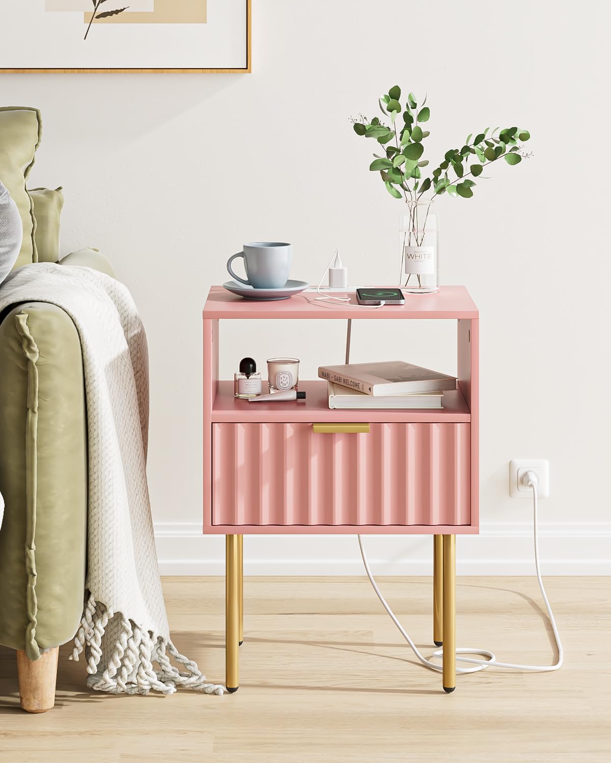 Pink Fluted Nightstand with Charging Station J964