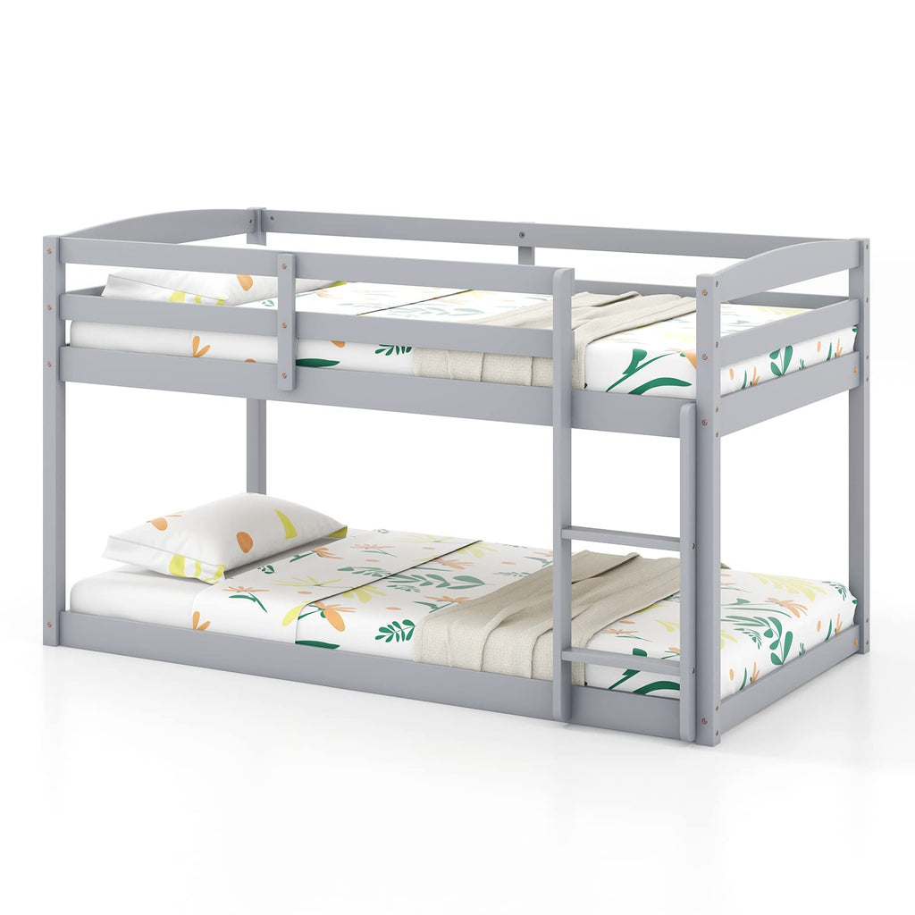 Twin Over Twin Solid Wood Low Bunk Bed with Ladder and Guardrails D652