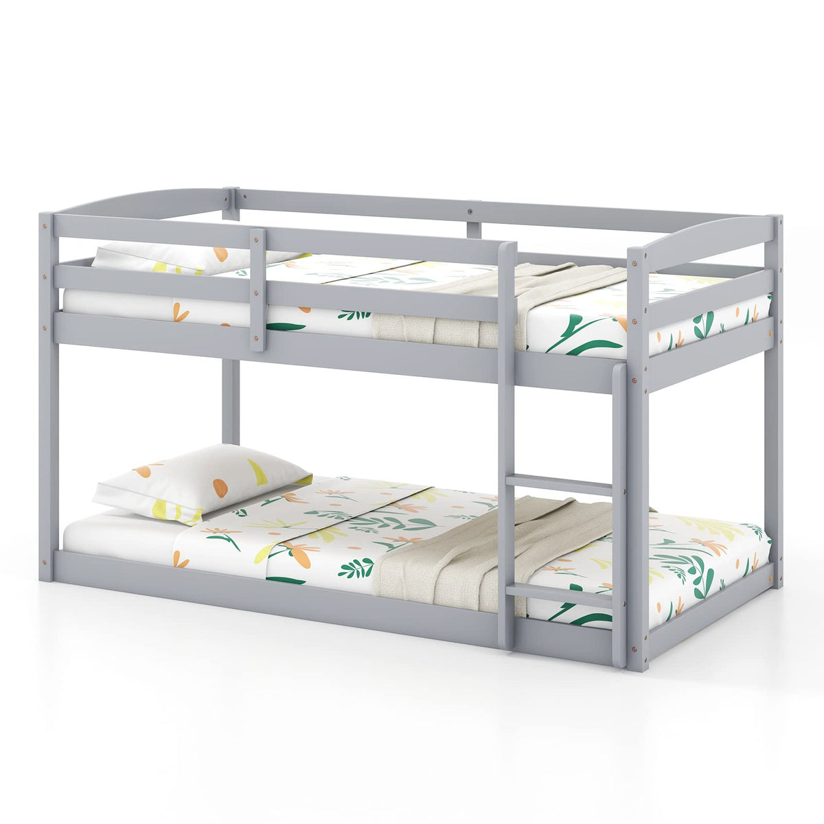 Twin Over Twin Solid Wood Low Bunk Bed with Ladder and Guardrails D652