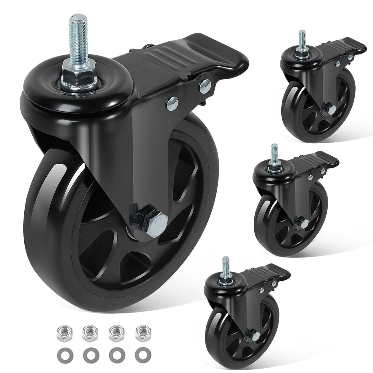 5 Inch Swivel Threaded Stem Casters Set of 4 Heavy Duty 2400lbs Black N73144