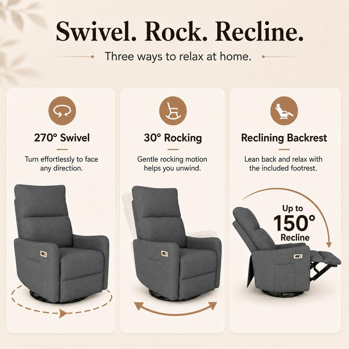 Dark Gray Swivel Rocker Recliner Chair Z555