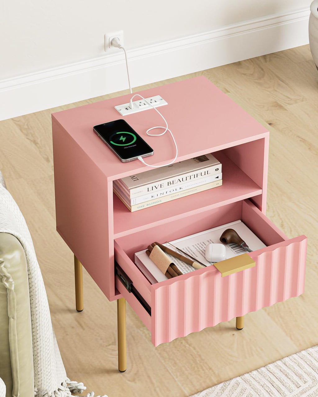 Pink Fluted Nightstand with Charging Station J964