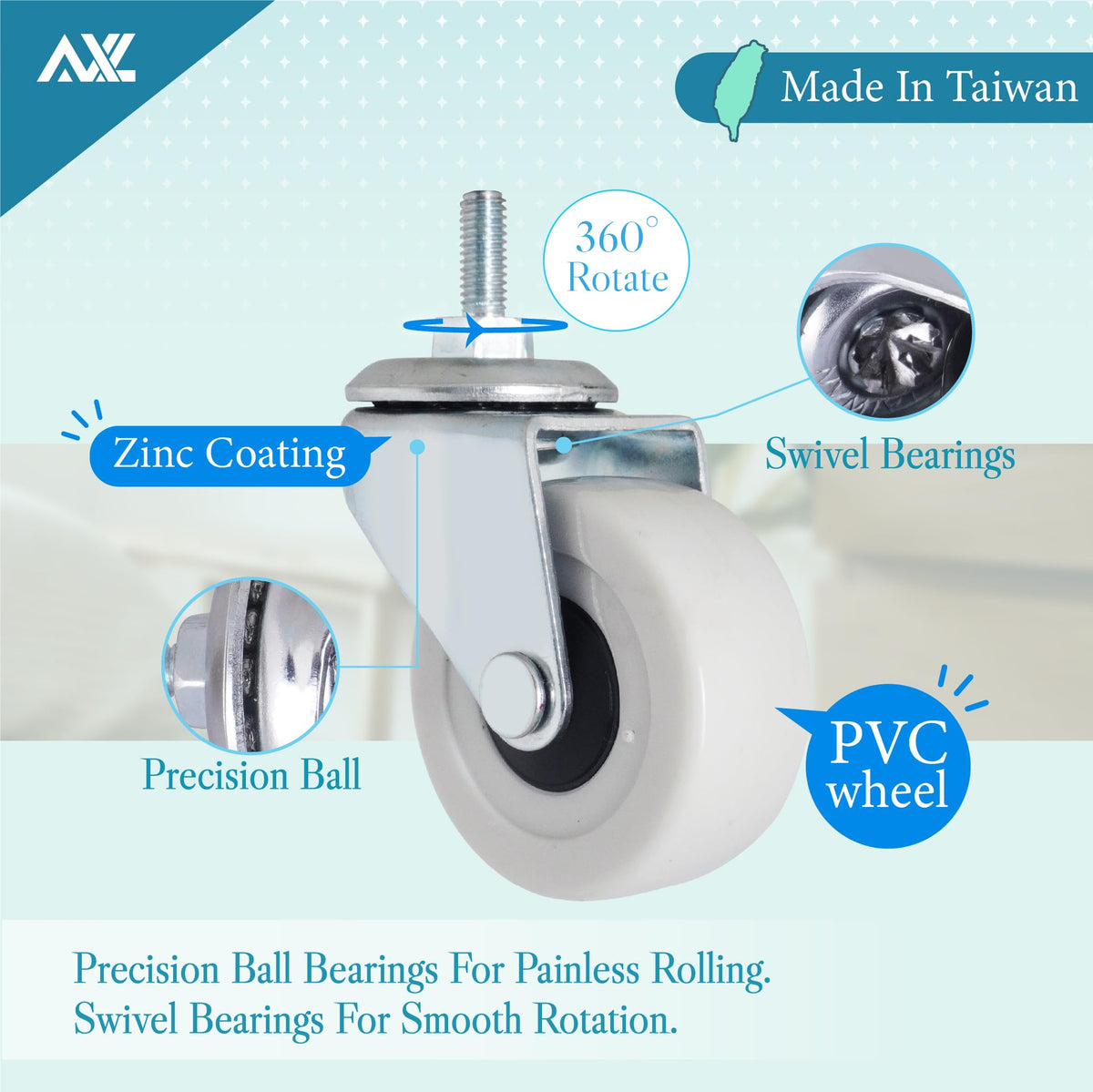 2 Inch PVC Threaded Stem Caster Wheels, Set of 4 K937887