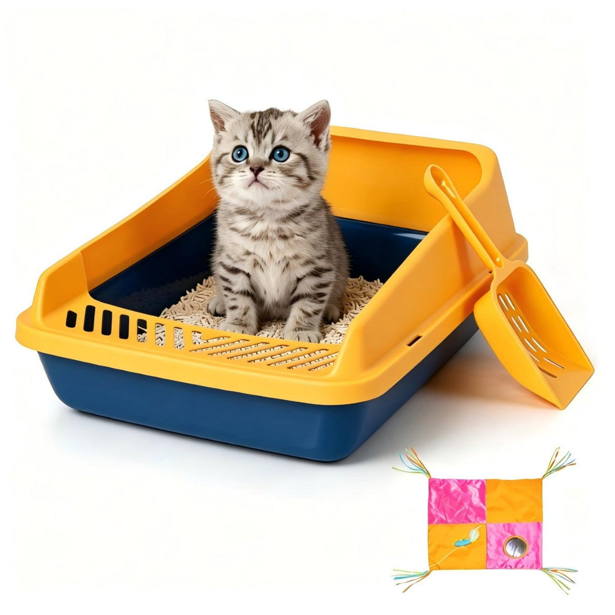 Blue Open Top Cat Litter Box with Scoop and Play Mat P457918