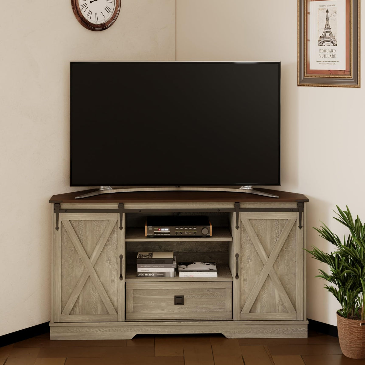 Corner TV Stand with Sliding Barn Door & Removable Shelves M6816