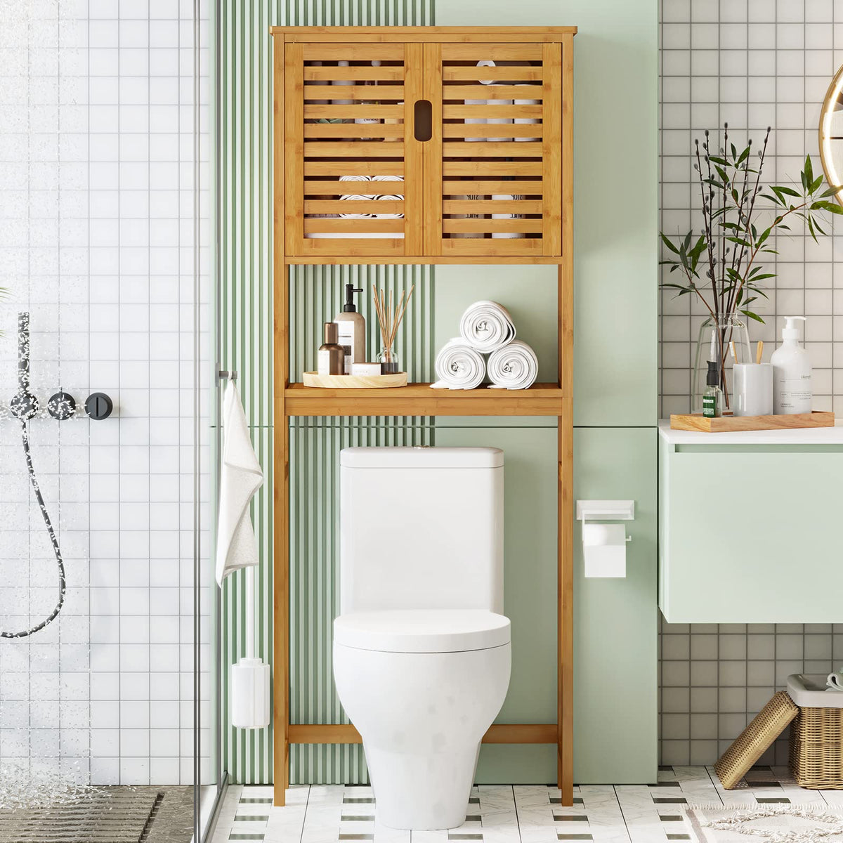 Over The Toilet Storage Cabinet with Adjustable Shelves Bamboo Y8952