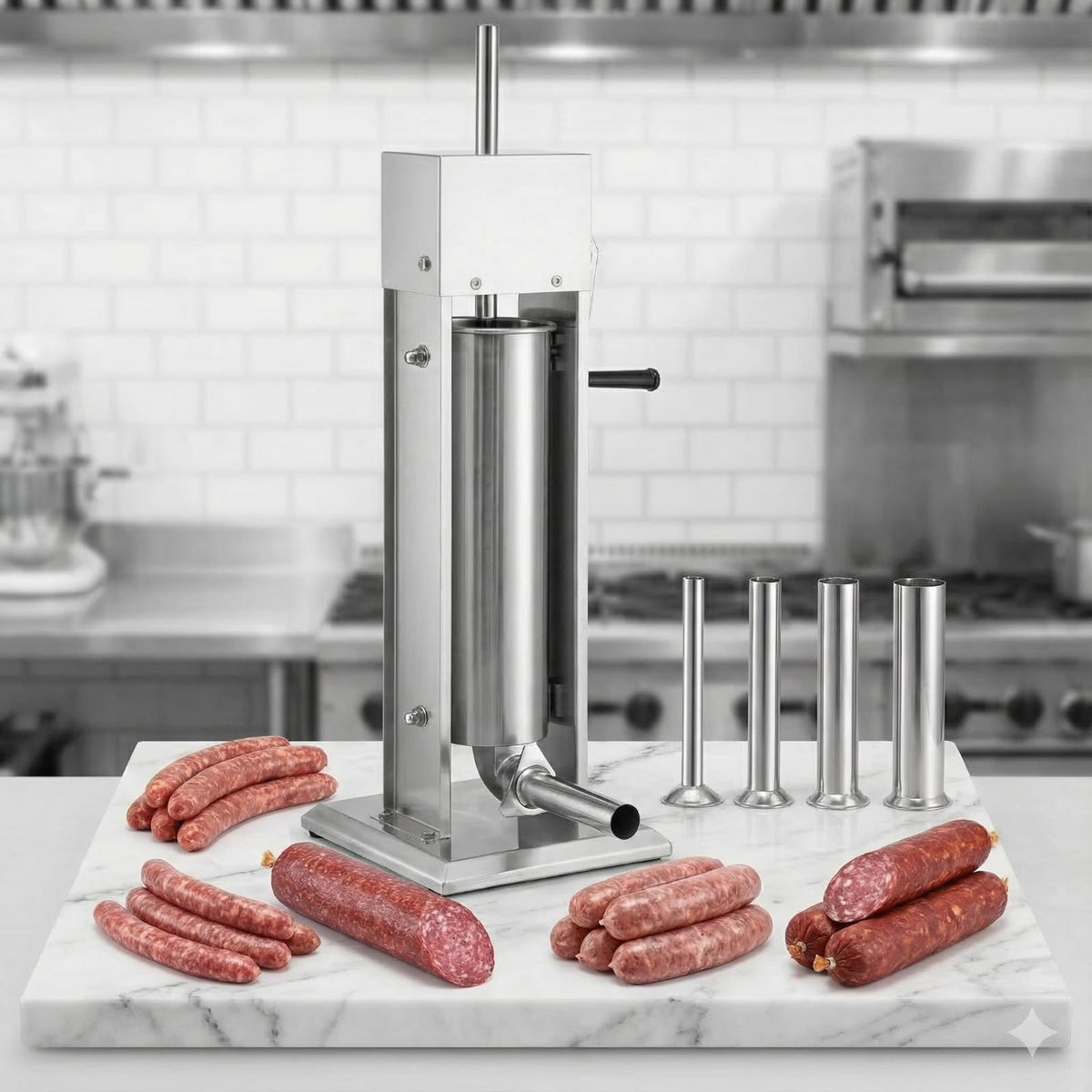 7 L Vertical Stainless Steel Sausage Stuffer with 4 Stuffing Tubes E4513