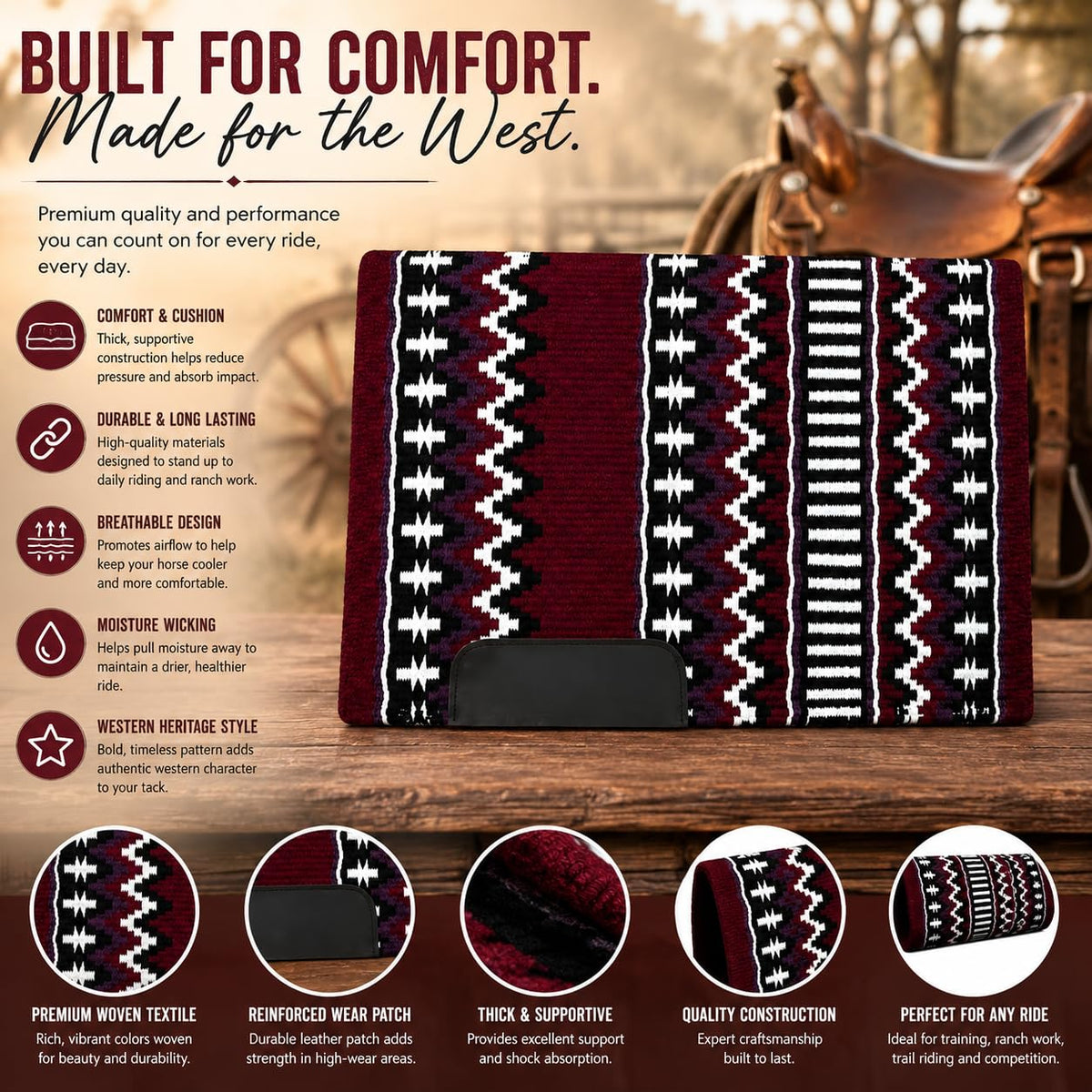 Burgundy Black White Tribal Horse Saddle Pad N404164