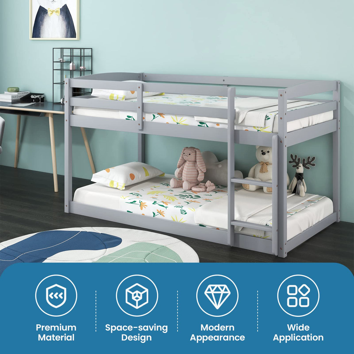 Twin Over Twin Solid Wood Low Bunk Bed with Ladder and Guardrails D652