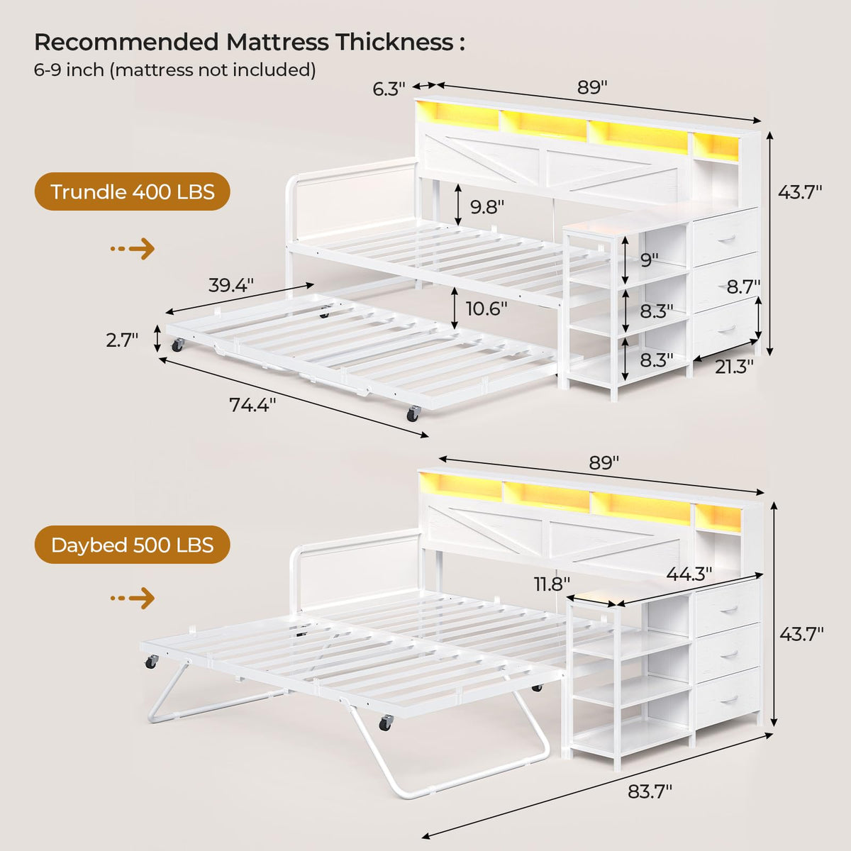 White Wood Daybed with Trundle and 3 Storage Drawers F495