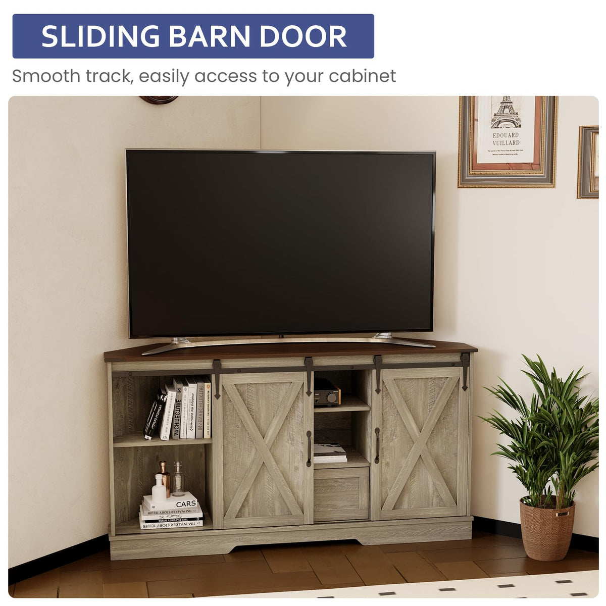 Corner TV Stand with Sliding Barn Door & Removable Shelves M6816