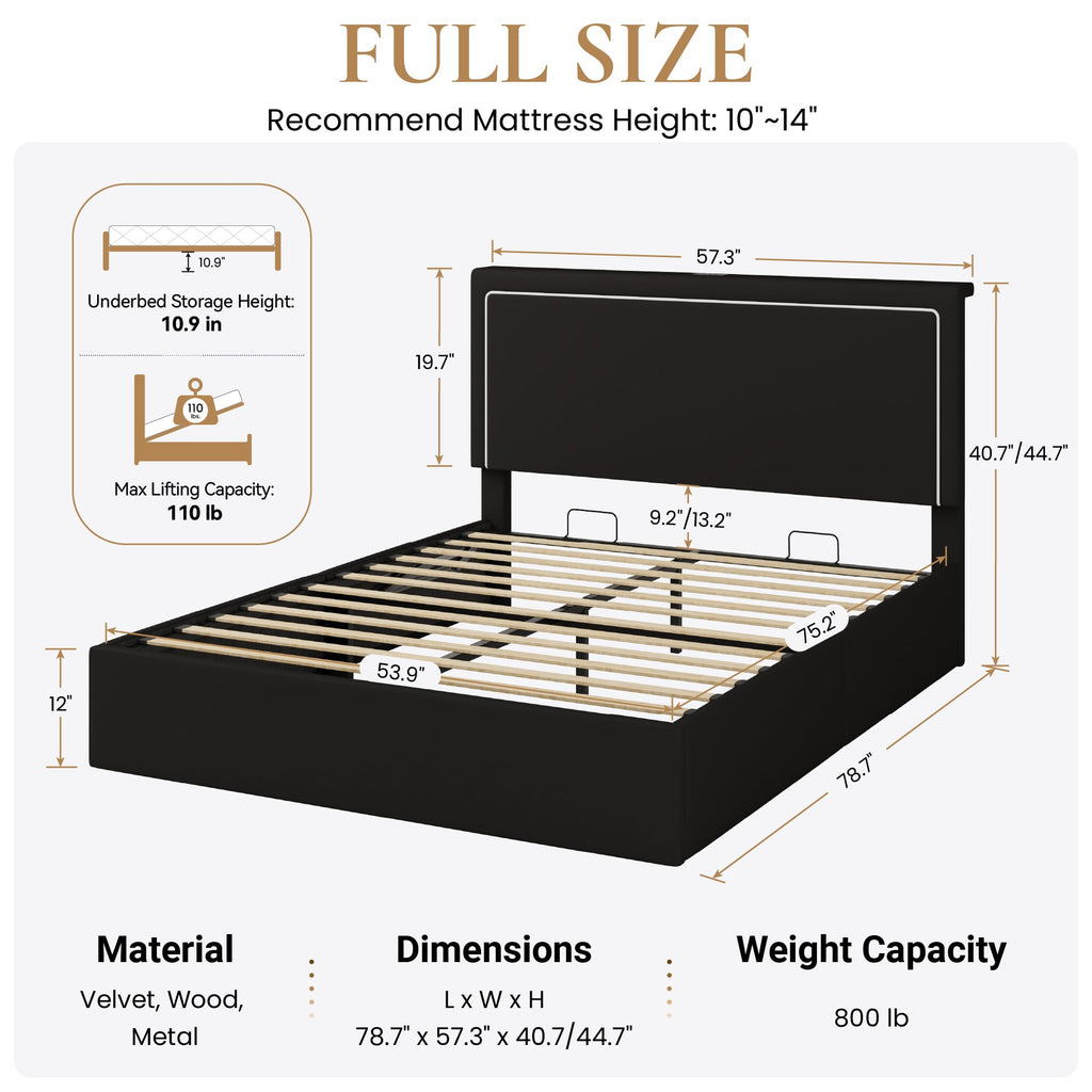 Full Size Lift Up Storage Bed Frame with LED Lights, Black V480069
