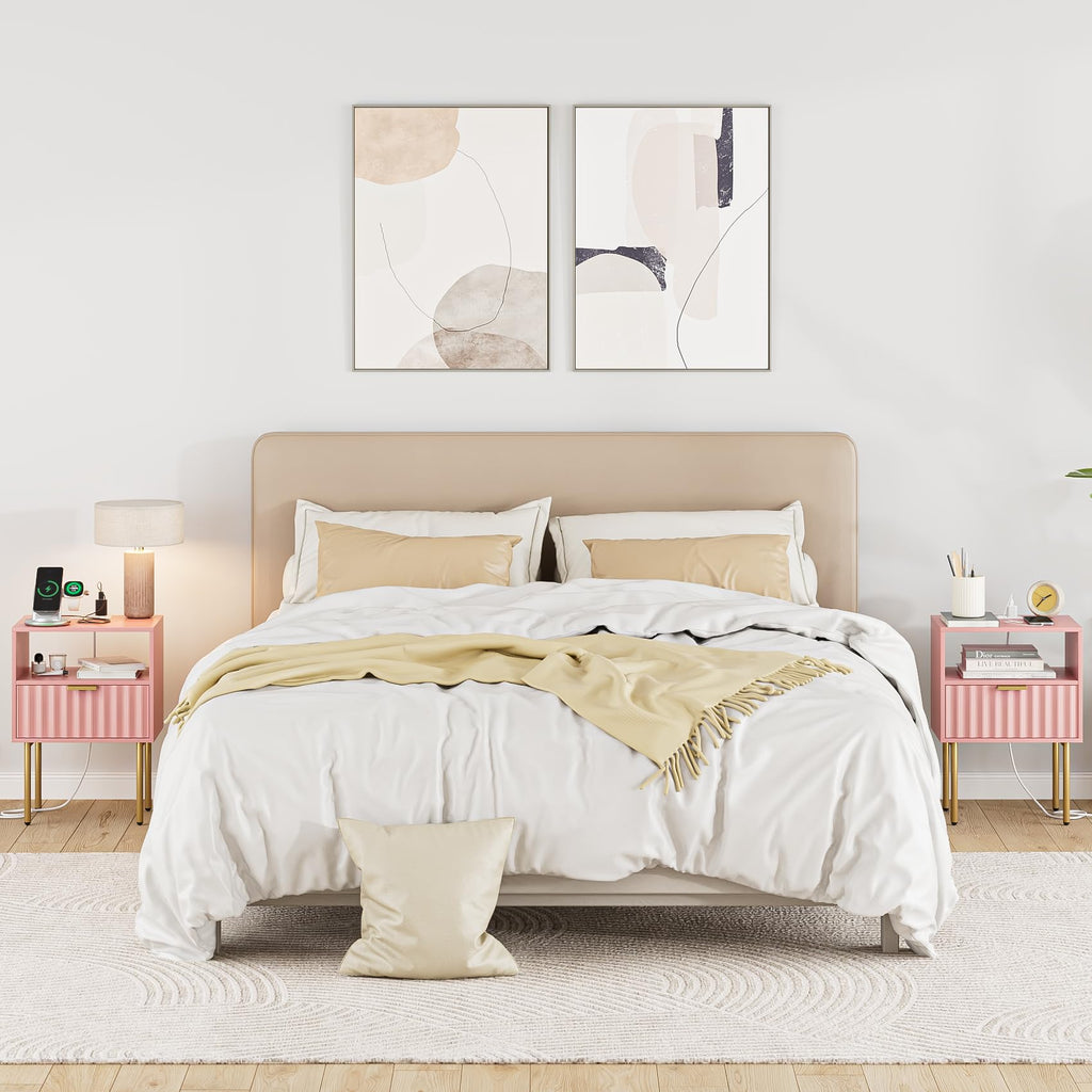 Pink Fluted Nightstand with Charging Station J964