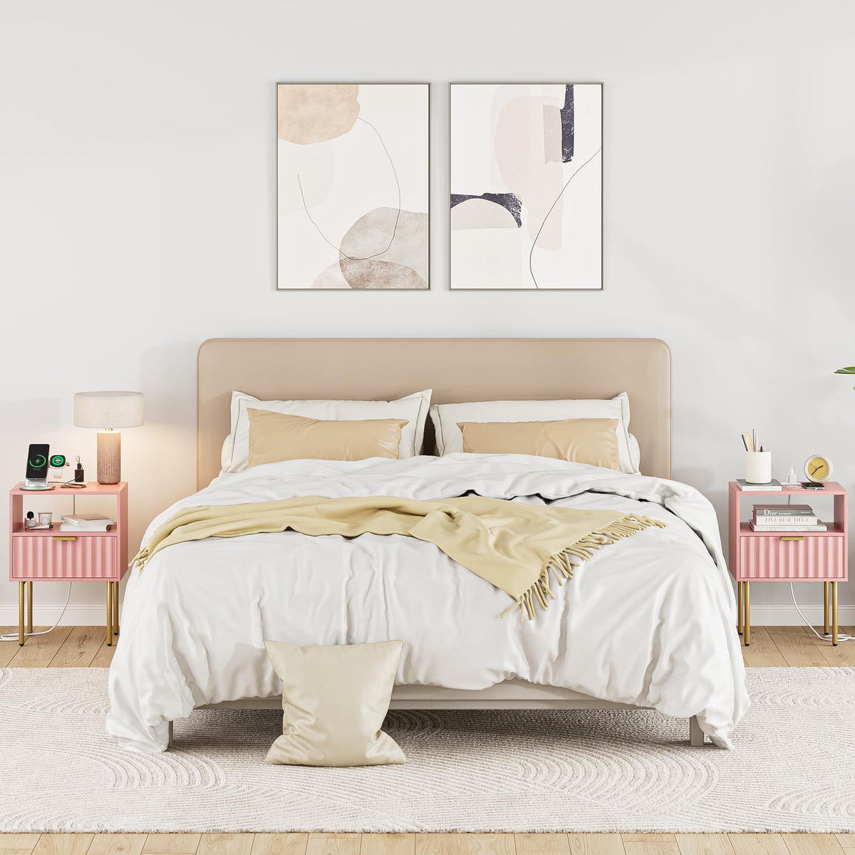 Pink Fluted Nightstand with Charging Station J964