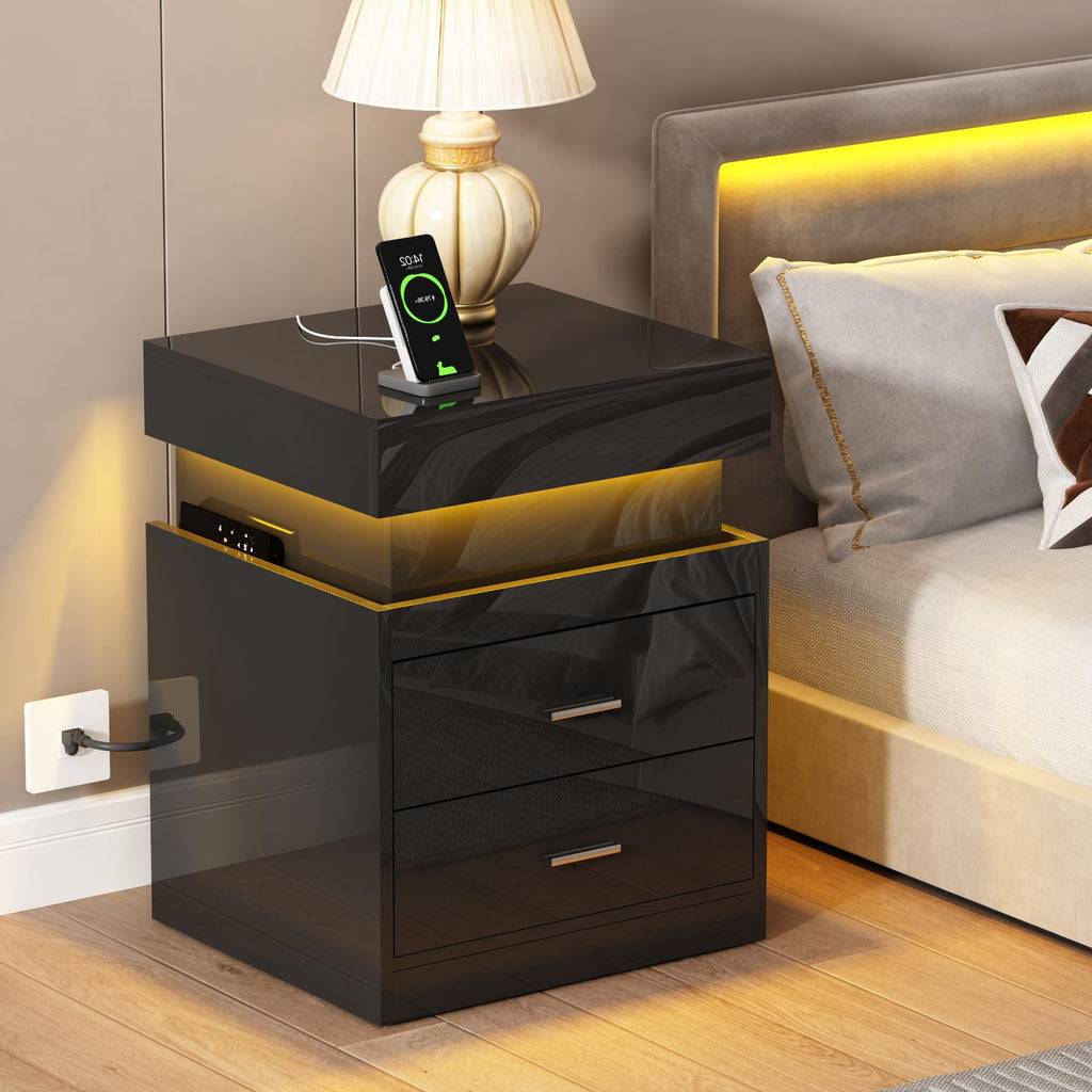 LED Nightstand with Charging Station and Sliding Storage O40762