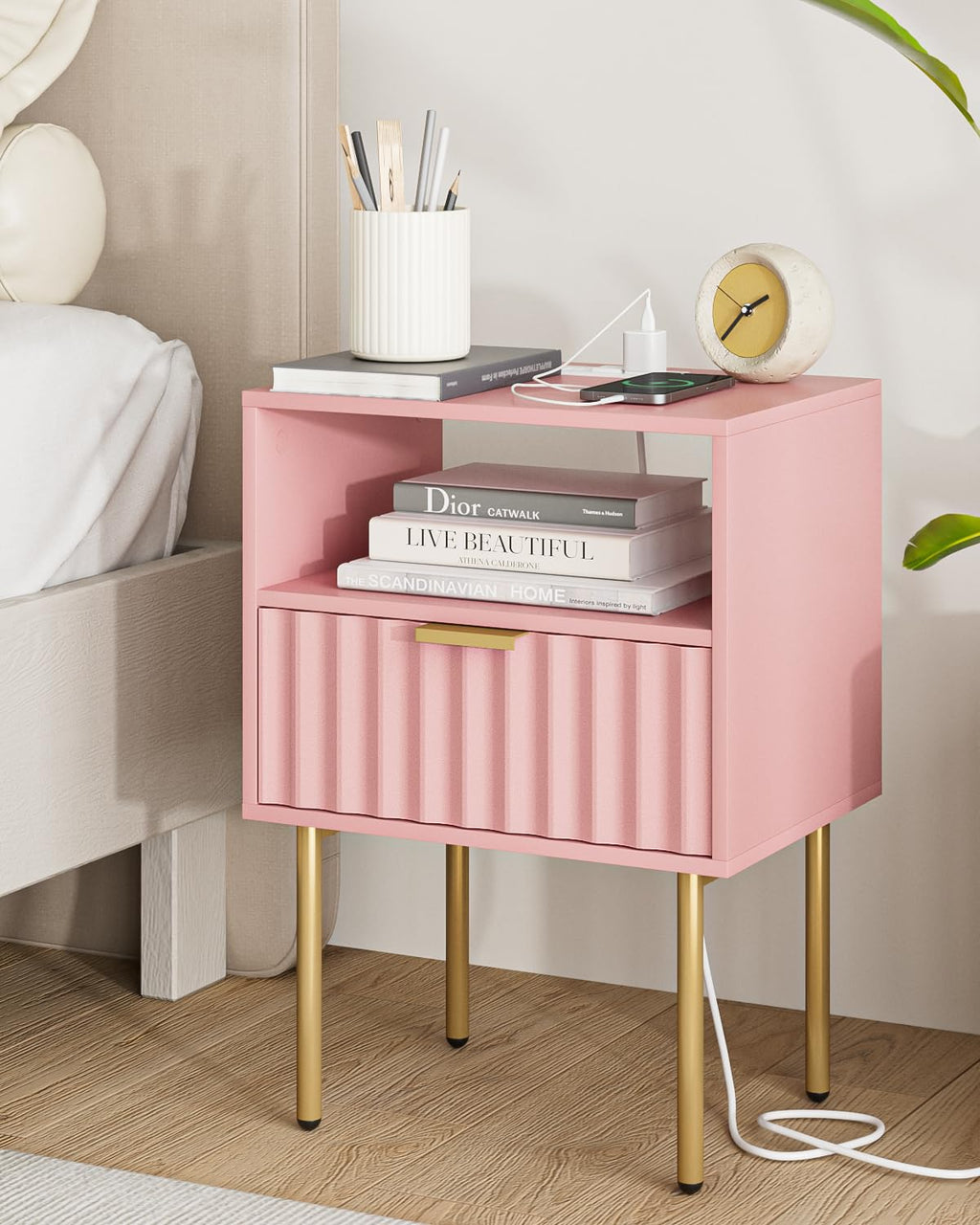 Pink Fluted Nightstand with Charging Station J964