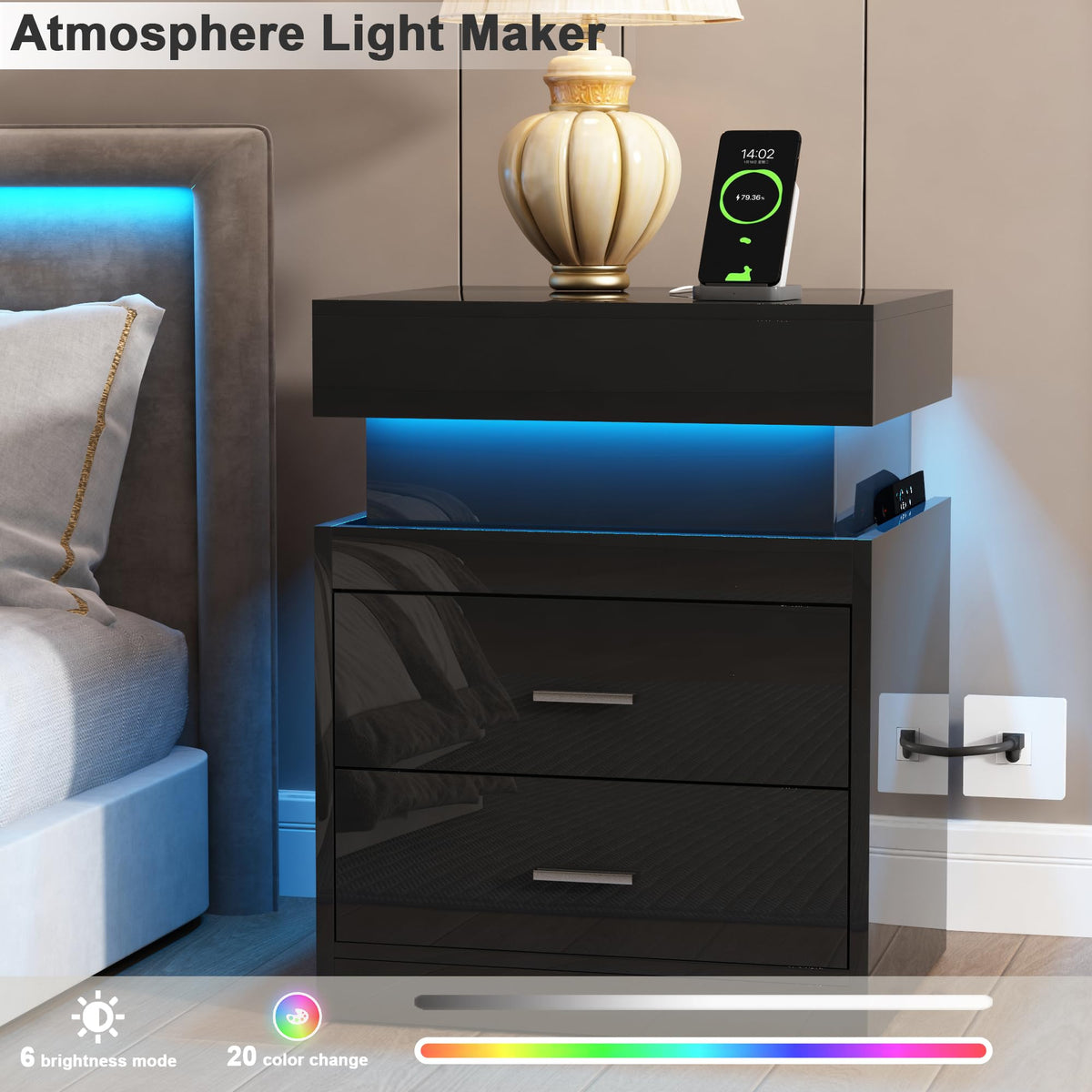 LED Nightstand with Charging Station and Sliding Storage O40762