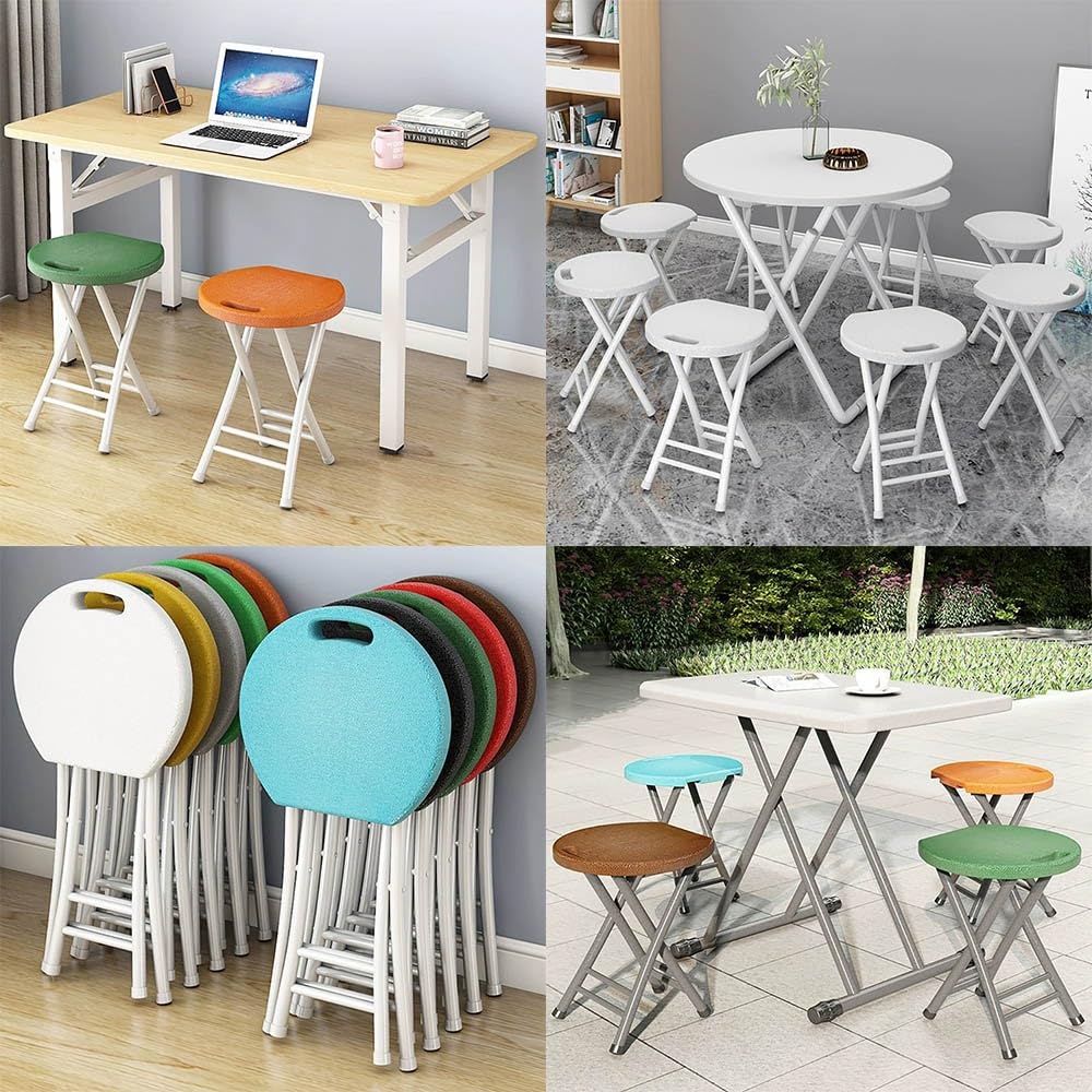 Folding Stool, 18in Portable Collapsible Bar Stool with Handle, Foldable Lightweight Camping Chair Stool for Outdoor Indoor Kitchen Bar, Assembly Free(Black,White Frame) O42072