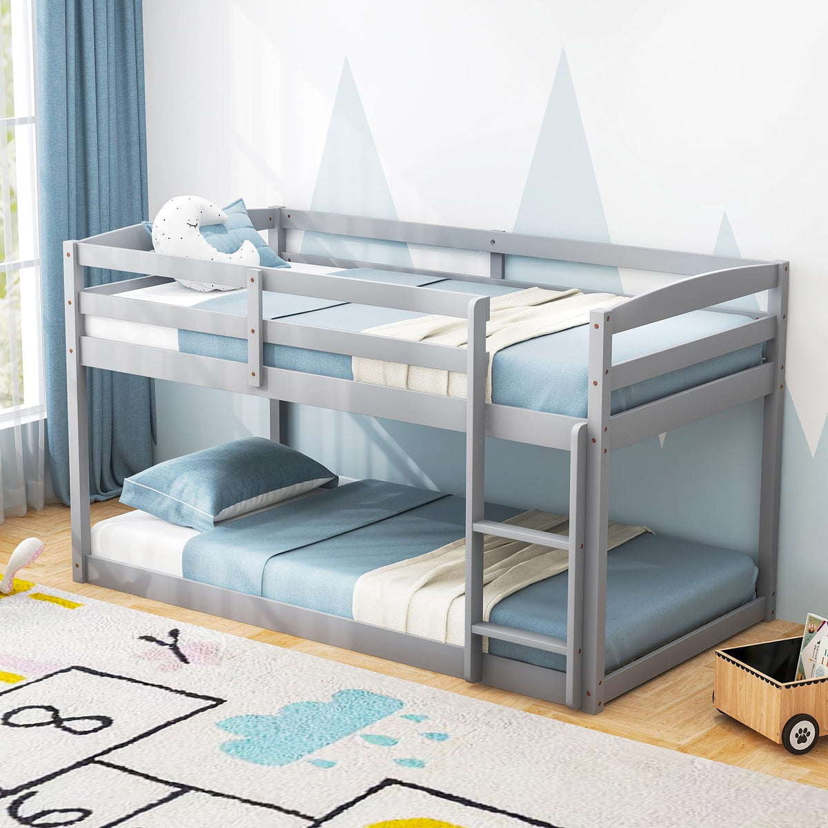 Twin Over Twin Solid Wood Low Bunk Bed with Ladder and Guardrails D652
