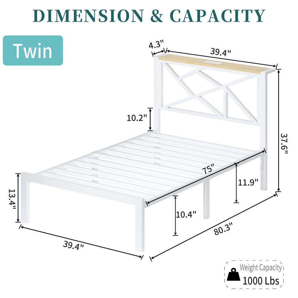 White Twin Metal Bed Frame with USB Charging Station Y39505