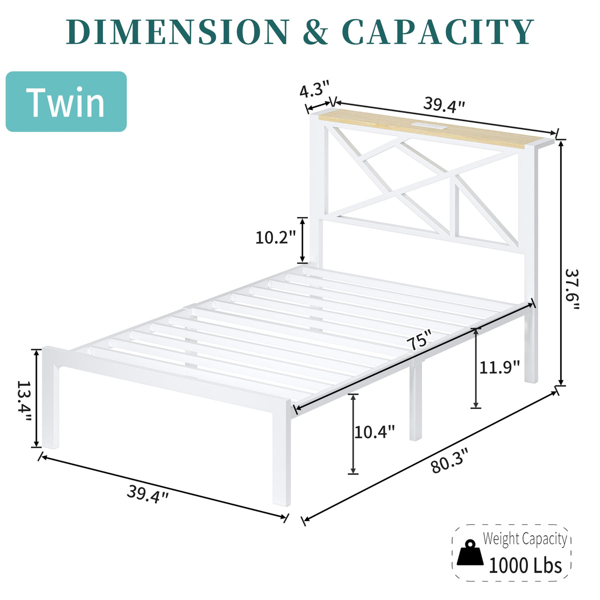 White Twin Metal Bed Frame with USB Charging Station Y39505