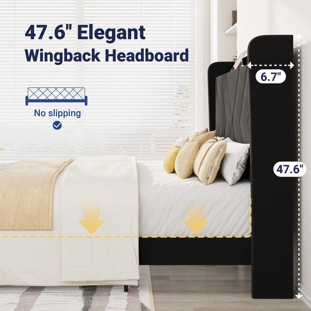Queen Size Black Velvet Bed Frame with Charging and Shelf O75894