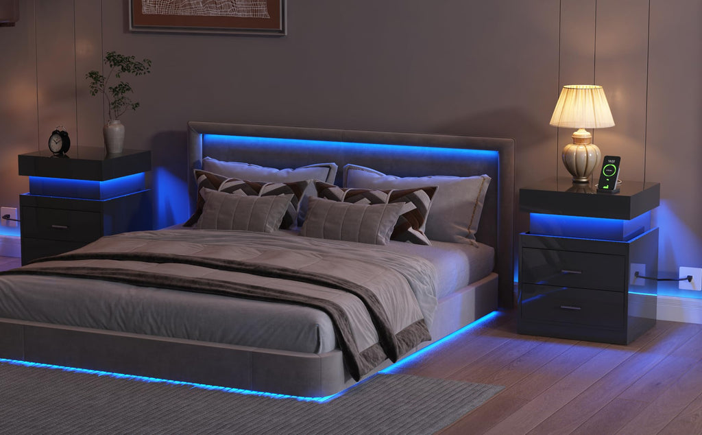 LED Nightstand with Charging Station and Sliding Storage O40762