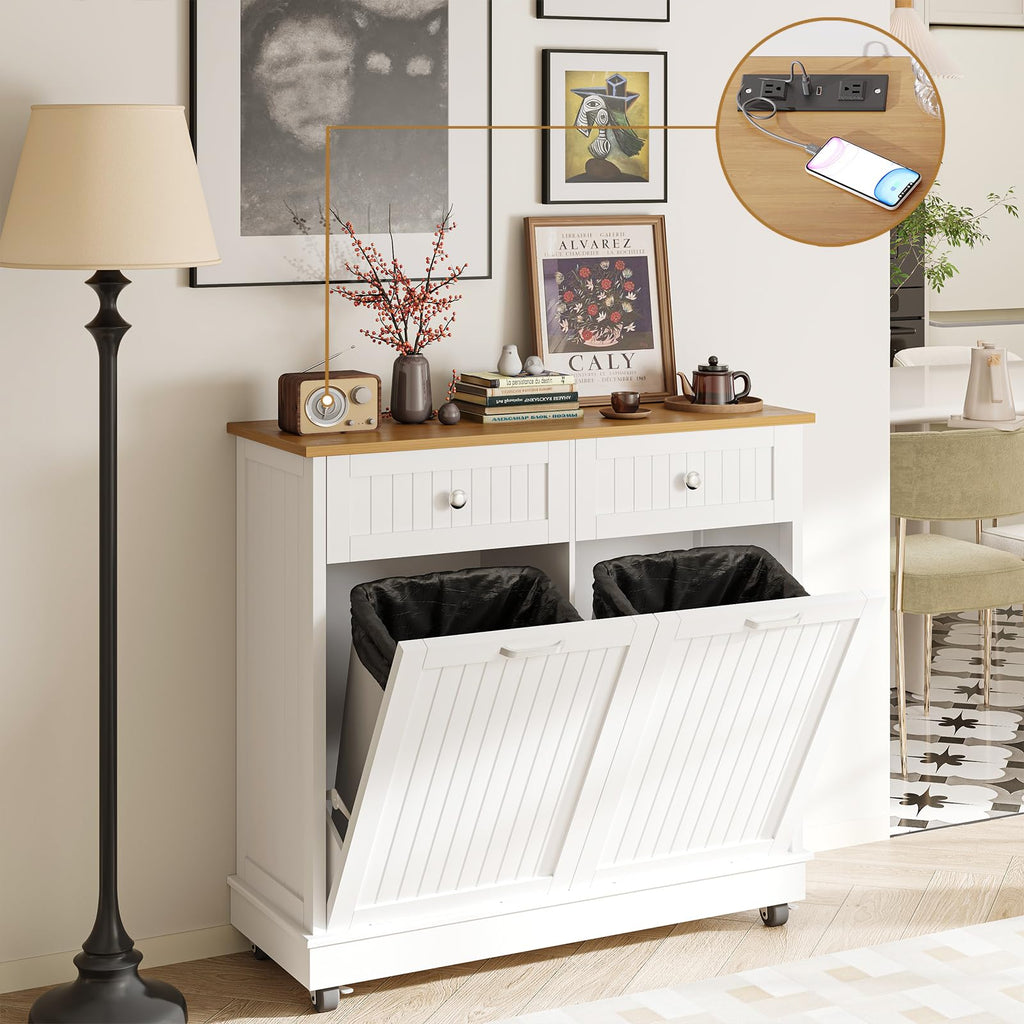 20 Gallon Wooden Tilt-Out Trash Can Cabinet with 2 Drawers, White F29779