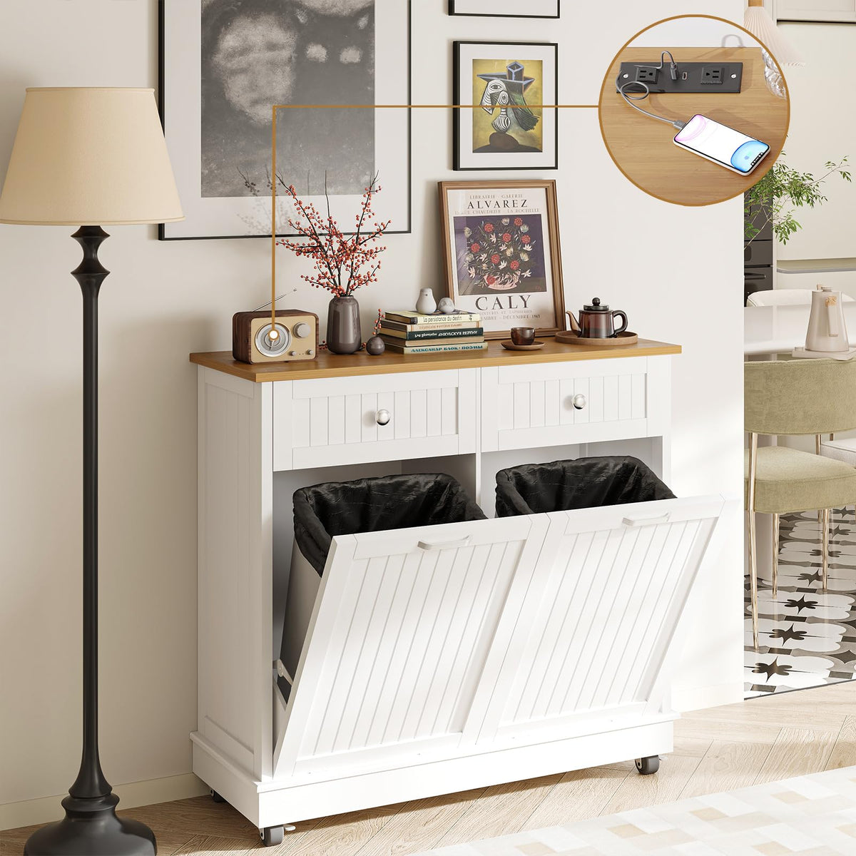 20 Gallon Wooden Tilt-Out Trash Can Cabinet with 2 Drawers, White F29779