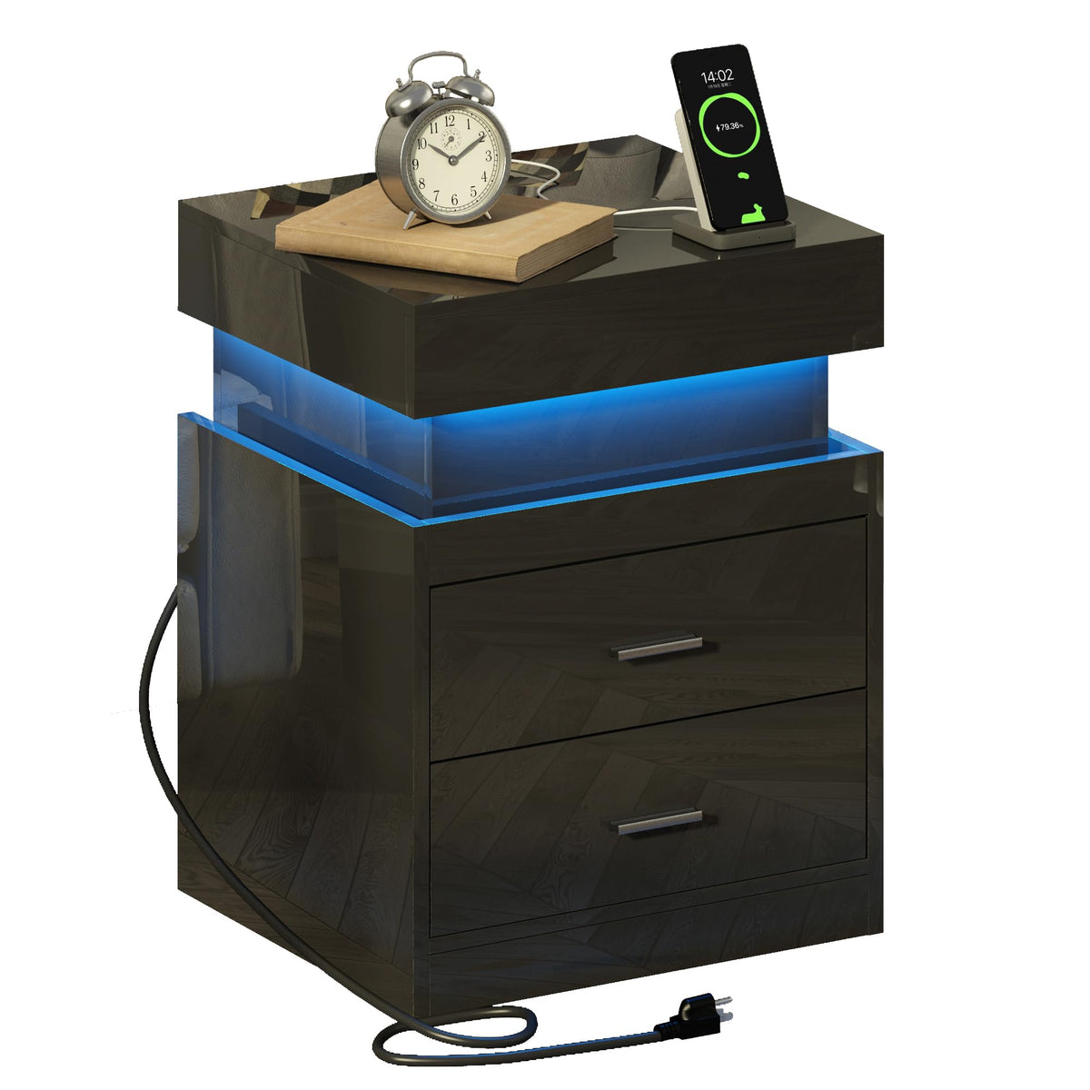 LED Nightstand with Charging Station and Sliding Storage O40762