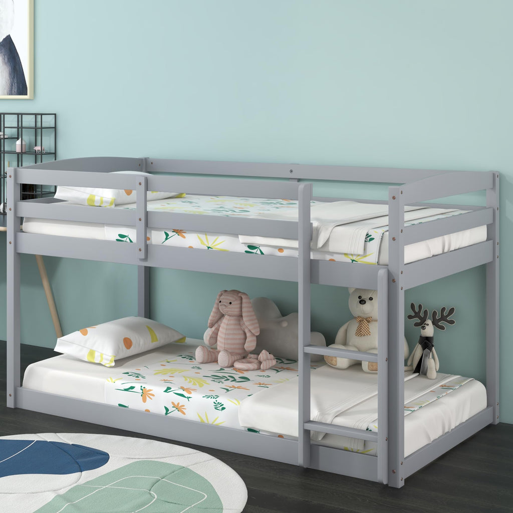 Twin Over Twin Solid Wood Low Bunk Bed with Ladder and Guardrails D652