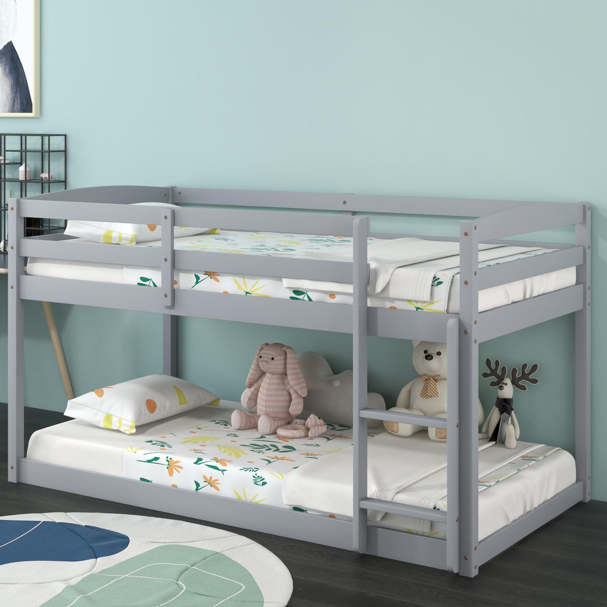 Twin Over Twin Solid Wood Low Bunk Bed with Ladder and Guardrails D652