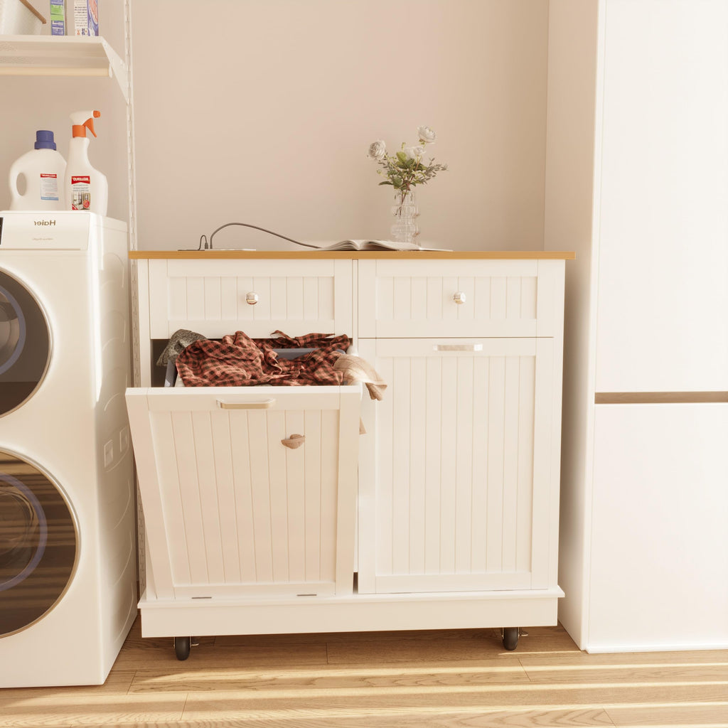 20 Gallon Wooden Tilt-Out Trash Can Cabinet with 2 Drawers, White F29779