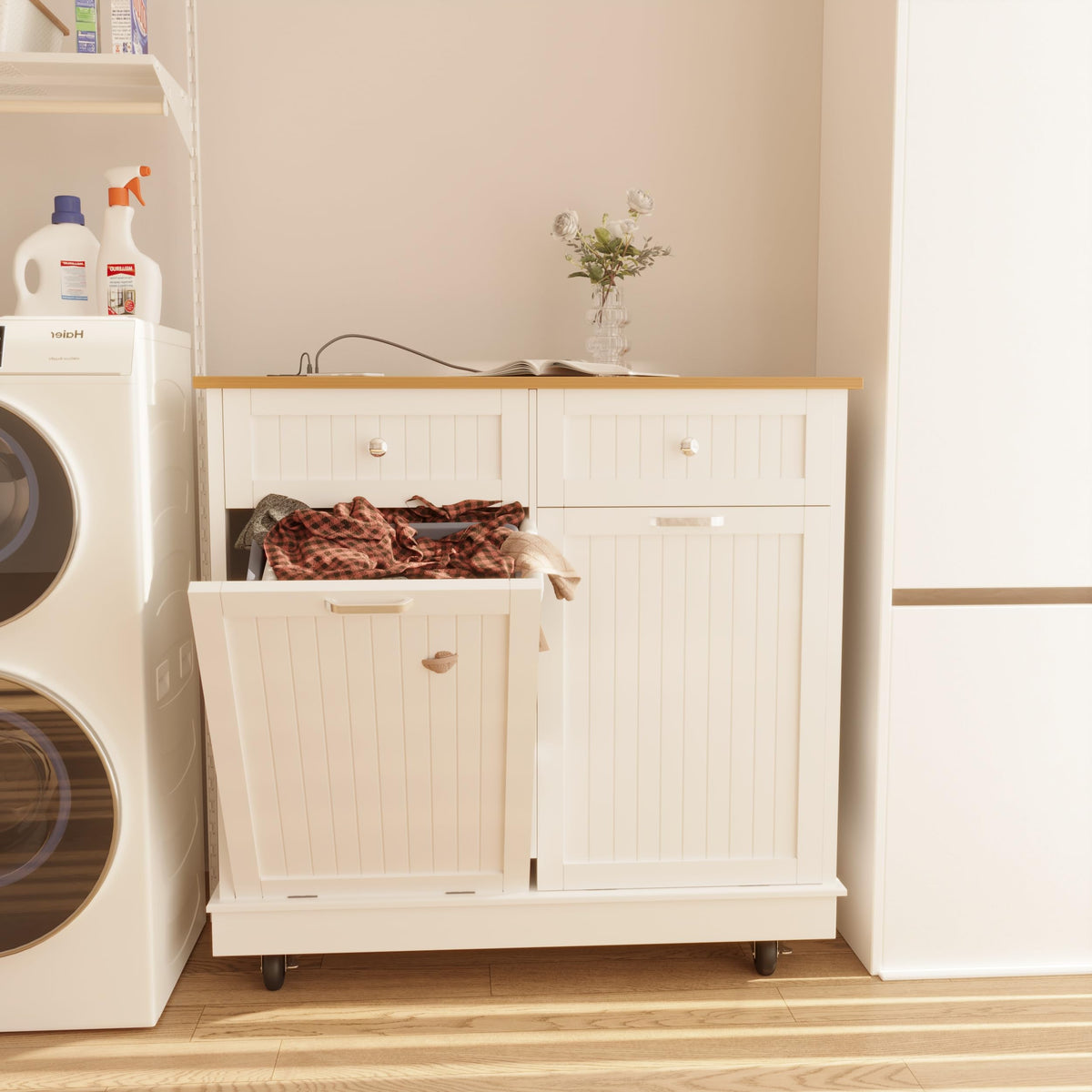 20 Gallon Wooden Tilt-Out Trash Can Cabinet with 2 Drawers, White F29779
