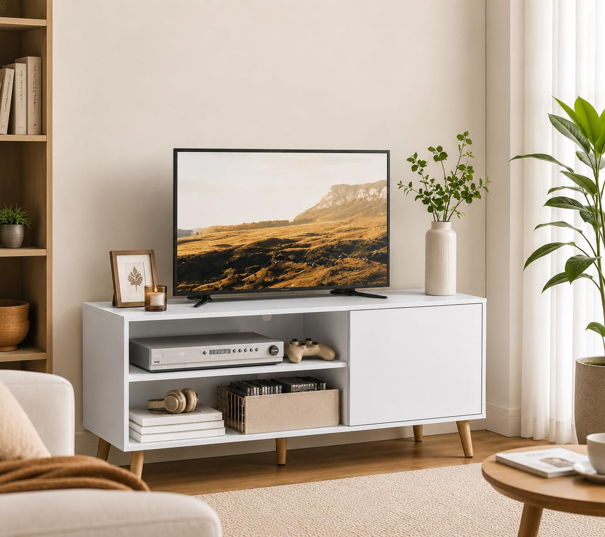 White TV Stand with Storage Cabinet J998
