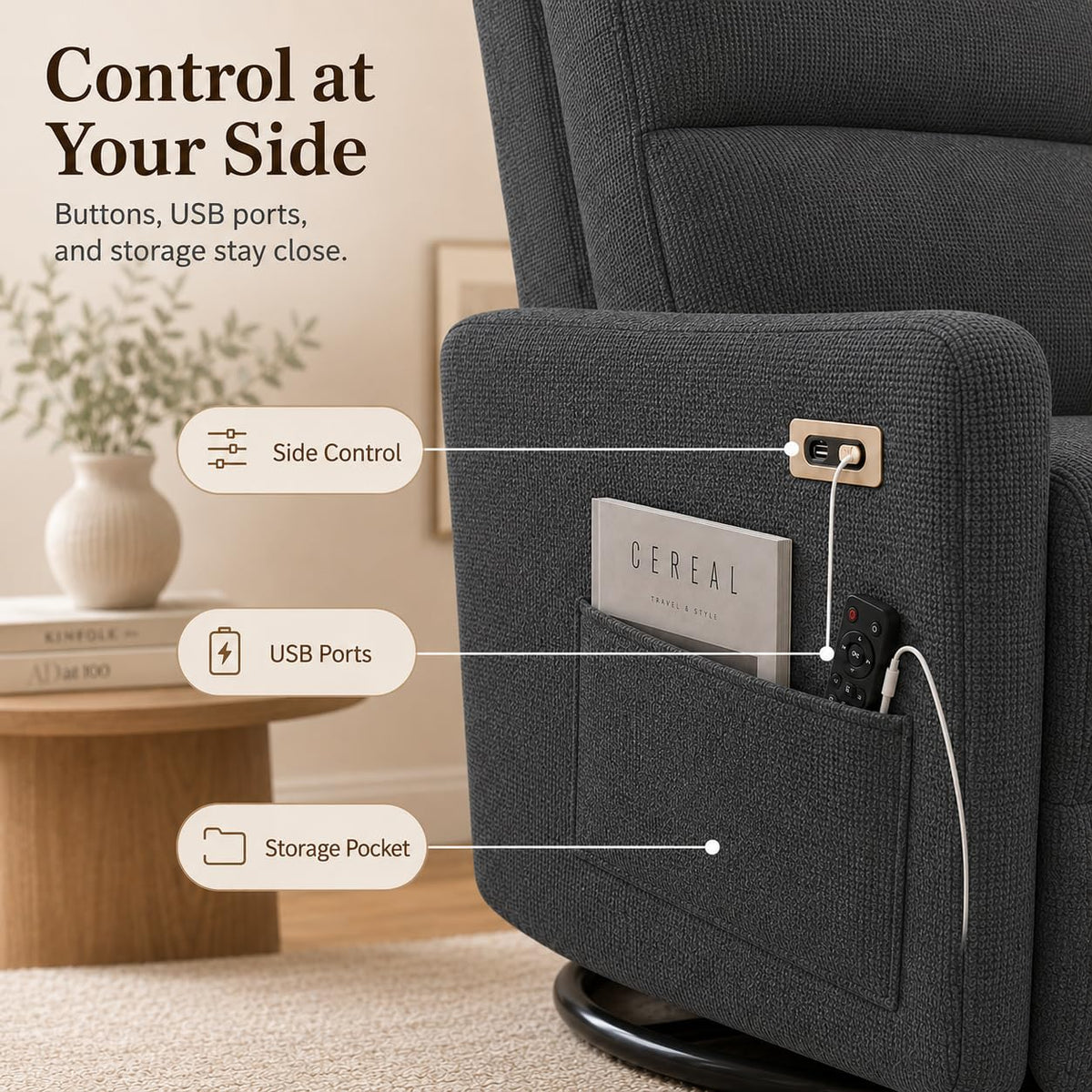 Dark Gray Swivel Rocker Recliner Chair Z555
