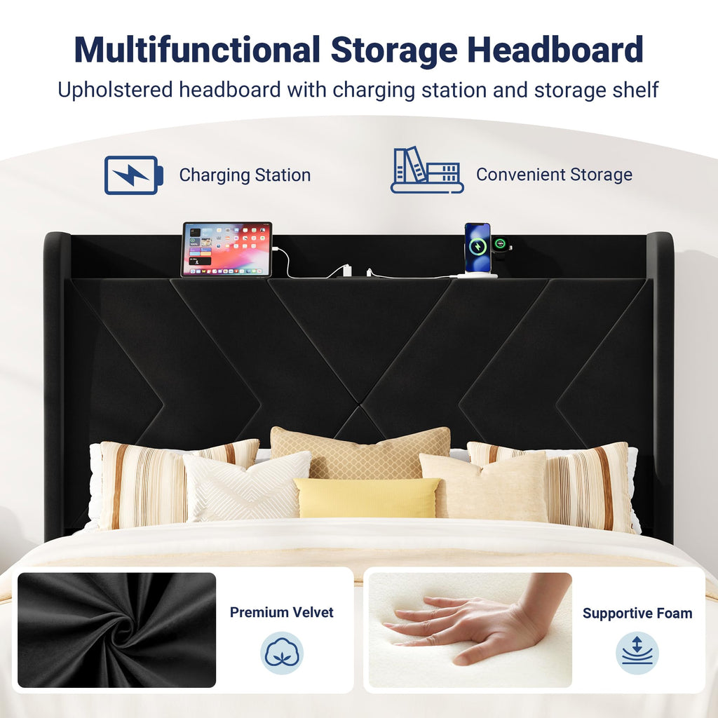 Queen Size Black Velvet Bed Frame with Charging and Shelf O75894