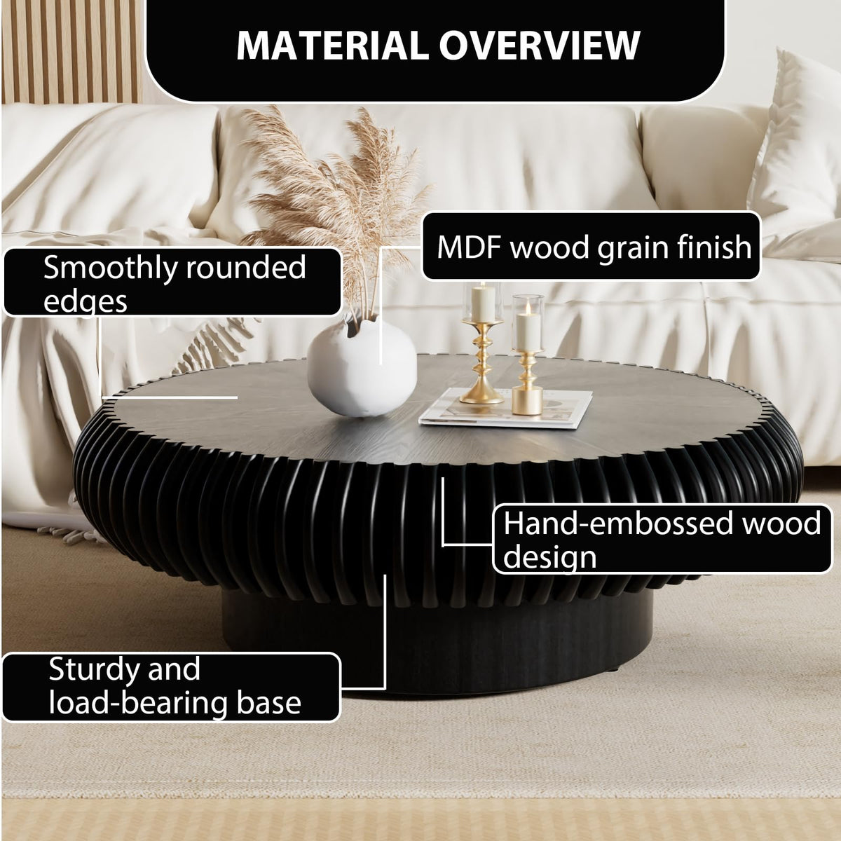 Black Round Fluted Drum Coffee Table V5323