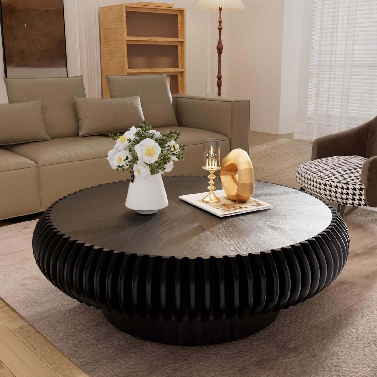 Black Round Fluted Drum Coffee Table V5323