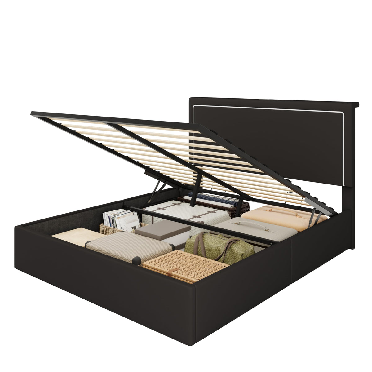 Full Size Lift Up Storage Bed Frame with LED Lights, Black V480069