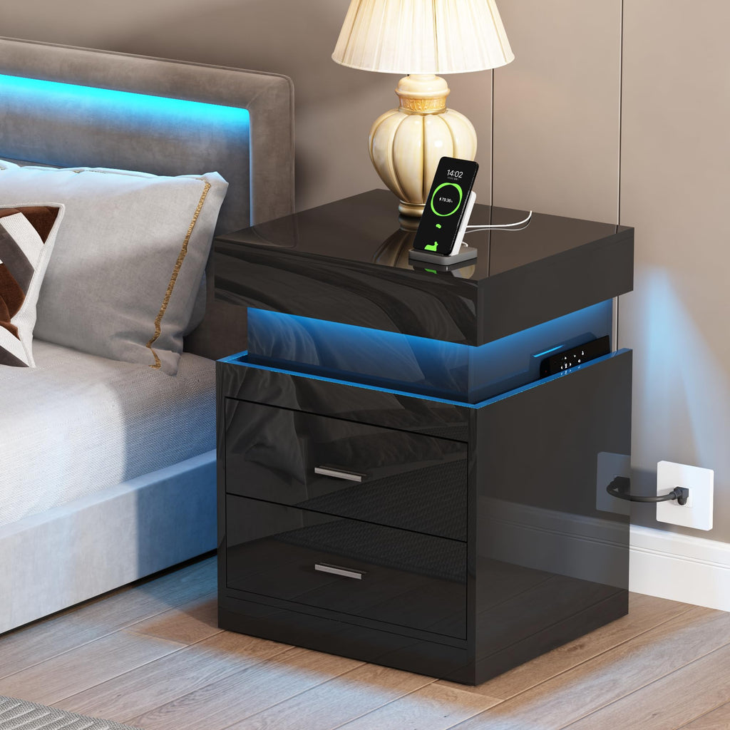 LED Nightstand with Charging Station and Sliding Storage O40762